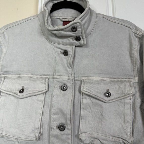 Free People Denim Field Jacket Women's Small Large Ecru Grey Raw Hem Boho Safari - Picture 3 of 13